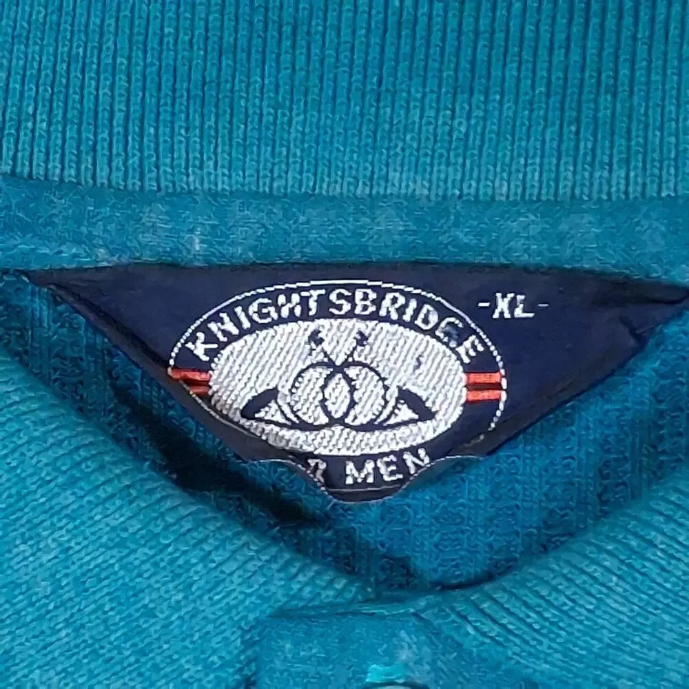 Vintage Knightsbridge Men XL Teal Ribbed Long Sleeve Polo Shirt Sweater 80s 90s